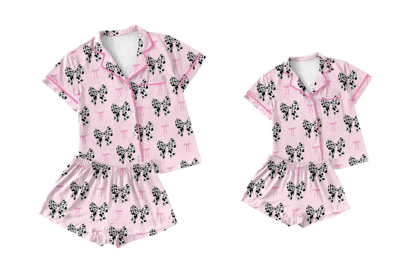 Baby Girl Toddler Adult Women Short Sleeves Pink Western Bows Sibling Family Pajamas Set ( Moq 5 Each Style ) 12.28