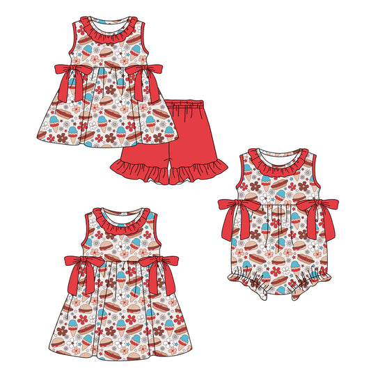 ( Moq 5 Each Style ) Baby Girls Kids Flower Bows Sibling 4th of July Romper Dress Set