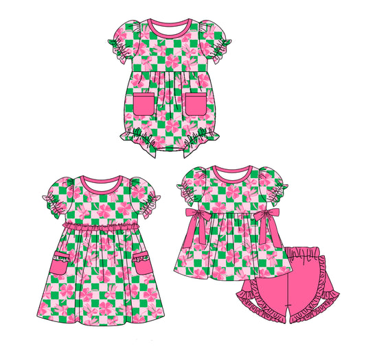 Baby Girl Short Sleeves St. Patrick Bows Checkered Sibling Romper Dress Clothes Set ( Moq 5 Each Design )11.21