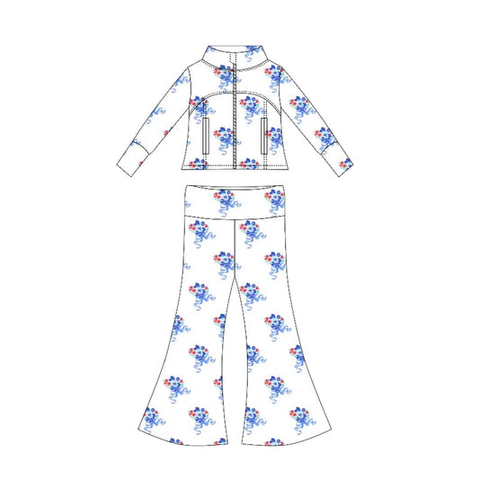 ( Moq 10 ) Baby Girl Long Sleeves Bows Flower Pockets Zipper Tops Bell Bottom Pants Set