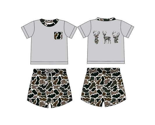 Baby Boy Short Sleeves Deer Shirt Camo Pockets Shorts Set ( Moq 5 ) 12.9