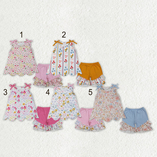 Sibling Baby Girls Kids Bows Sleeveless Flower Scallop Tops Ruffle Shorts Sets Clothes RTS