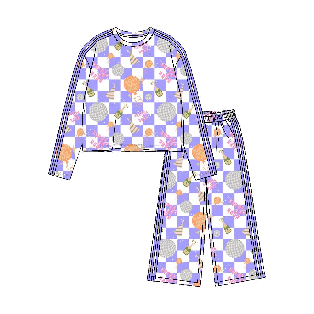 ( Moq 5 ) Preorder Baby Girls Kids Purple Checked Shirt Pants Happy New Year Set Yoga Active Clothes