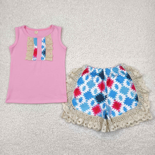 Promotion Baby Girl Pink Cotton Shirt Lace Aztec Ruffle Shorts Summer Outfit