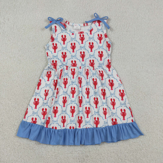Baby Girls Toddler Sleeveless Crayfish Bows 4th of July Knee Length Dress RTS