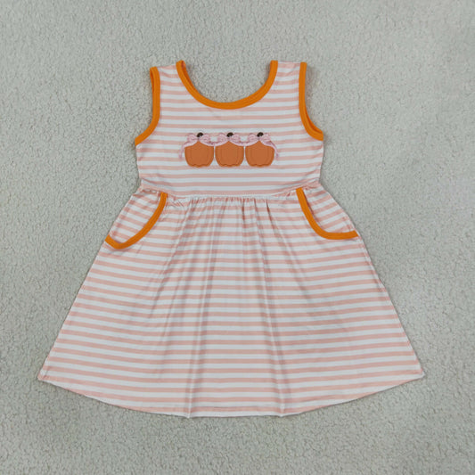 Baby Girls Kids Embroidery Pumpkins Bows Stripes Pockets Dress Fall Clothe RTS