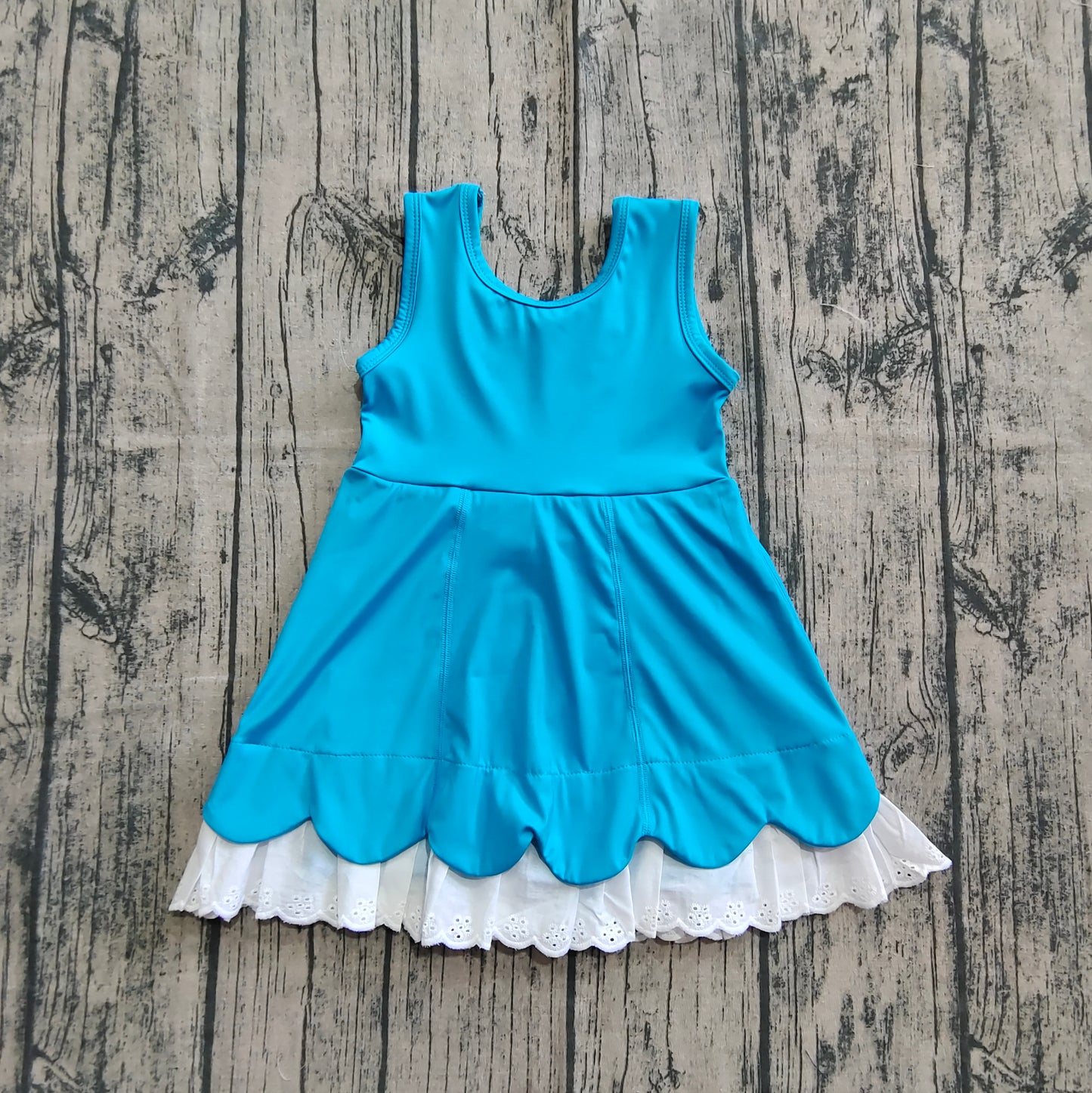 Preorder Baby Girl Sleeveless Yoga Active Lace Ruffle Blue Knee Length Dress( No moq )
