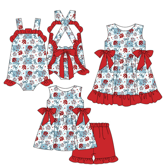 ( Moq 5 Each Style ) Sibling Baby Girls Kids 4th of July Bows Romper Dress Set Summer Clothes