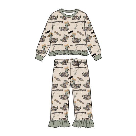 ( Moq 5 ) Preorder Baby Girls Kids Long Sleeves Ducks Bows Shirt Pants Set Hunting Clothes