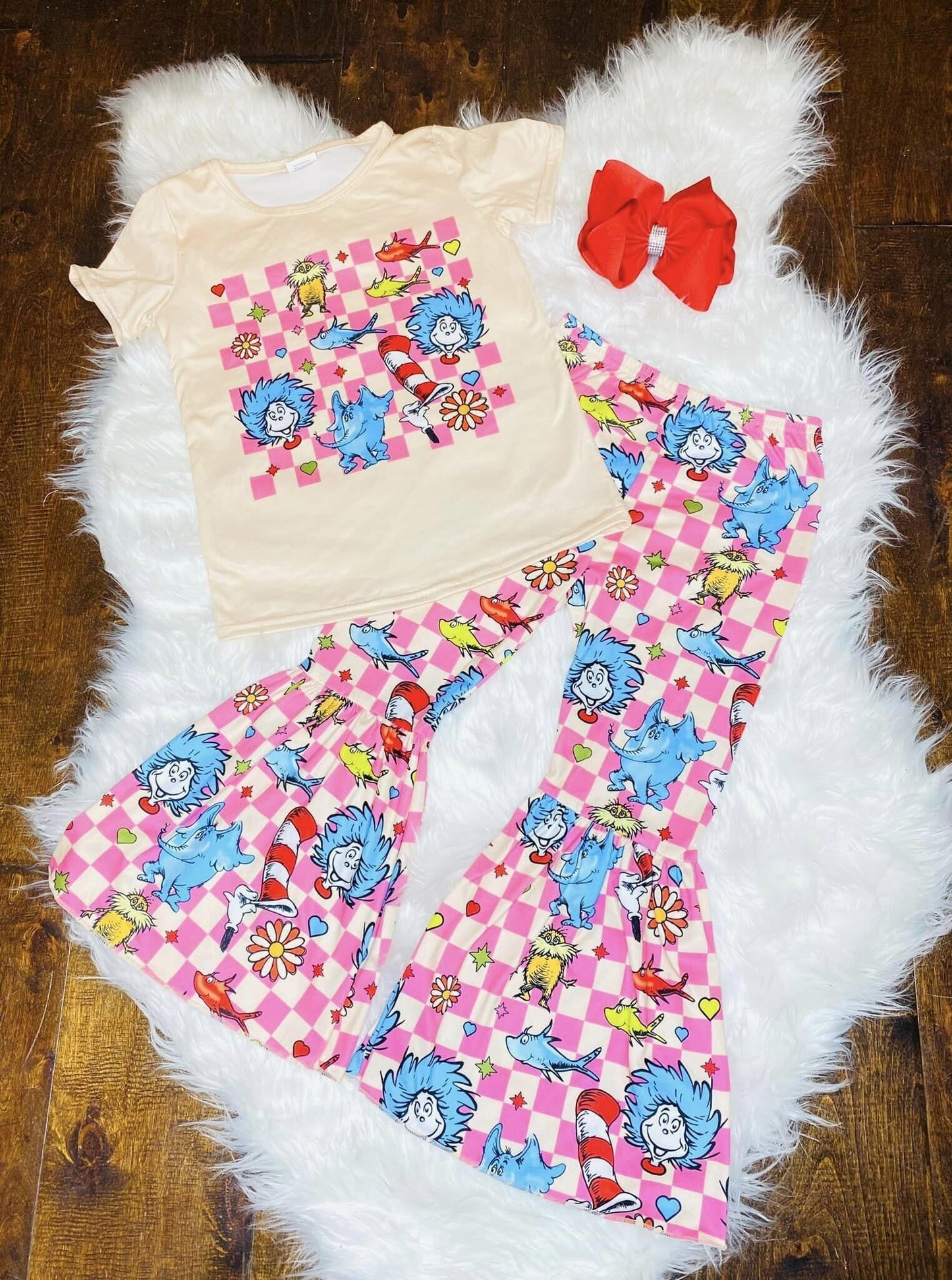 GSPO0923 Baby Girl Dr Reading Shirt Checkered Bell Pants Set