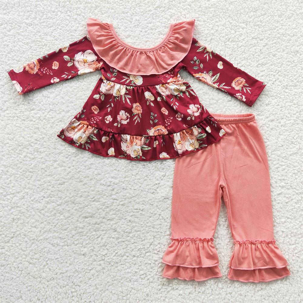 GLP0532 Baby Girl Floral Long Sleeves Ruffle Pants Flower Outfit