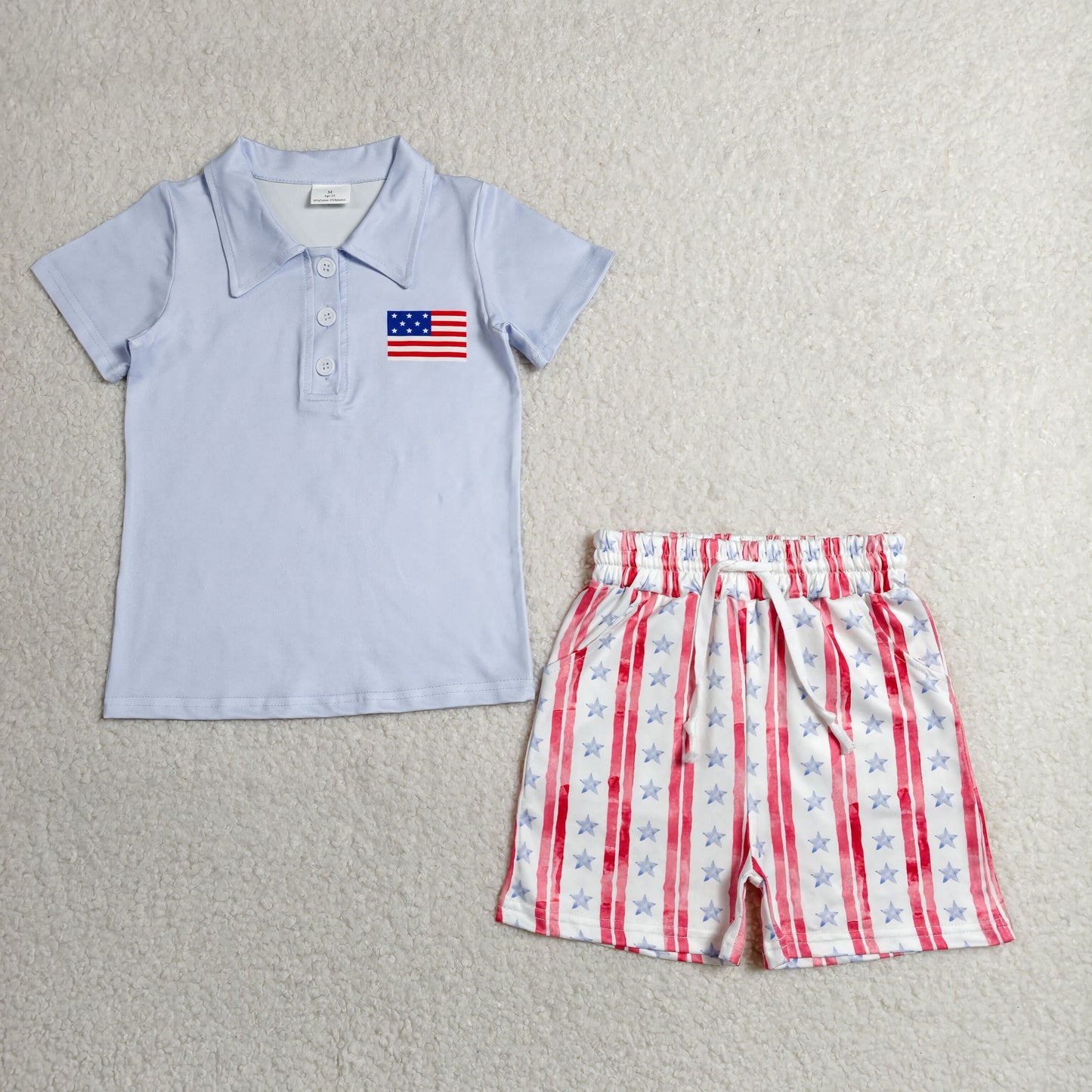 Baby Boy Blue Button Flag Shirt Pockets Stars Shorts 4th Of July Set RTS