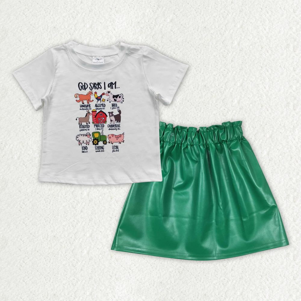 GSD0852 Baby Girl Short Sleeves Farm Shirt Green Leather Skirt Set