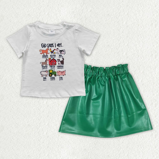 GSD0852 Baby Girl Short Sleeves Farm Shirt Green Leather Skirt Set