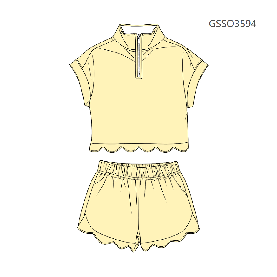 ( Moq 5 ) Preorder Baby Girls Kids Short Sleeves Zipper Shirt Scallop Shorts Set Yellow Clothes