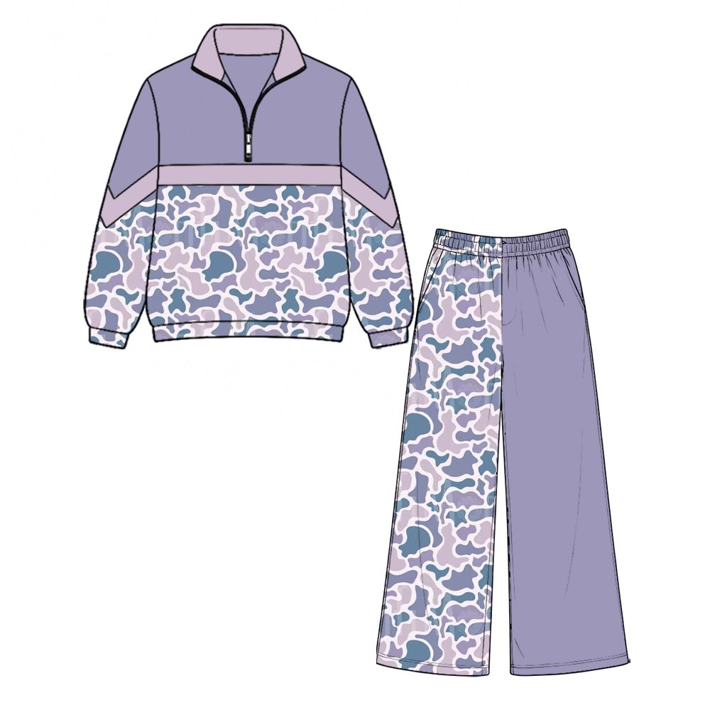 ( Moq 5 ) Preorder Baby Girls Kids Long Sleeves Zipper Shirt Pockets Pants Purple Camo Set Clothes