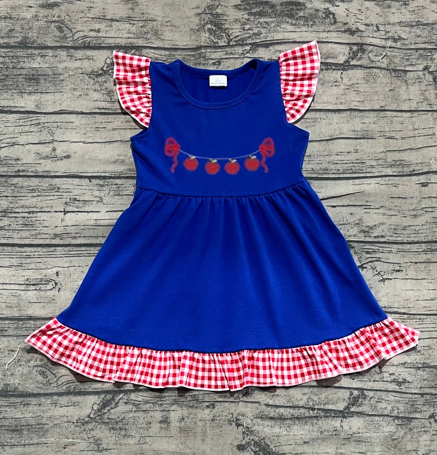 Preorder Baby Girl Short Sleeves Embroidery Apple Back to School Blue Dress ( No moq )