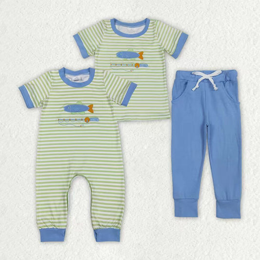 Sibling Baby Boys Kids Stripes Short Sleeves Embroidery Fishing Romper Set RTS