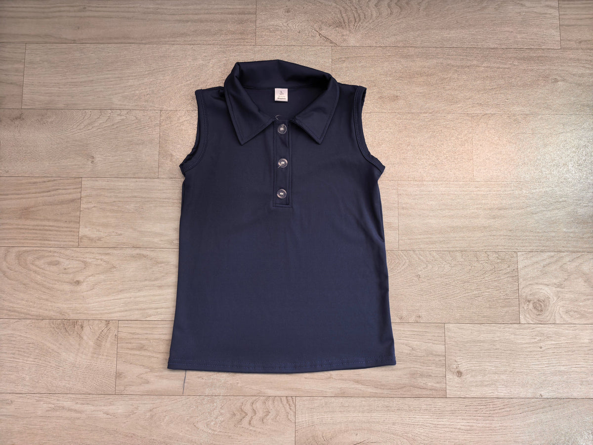 ( No moq ) Preorder Baby Girl Toddler Sleeveless Yoga Active Navy Blue Buttons Shirt