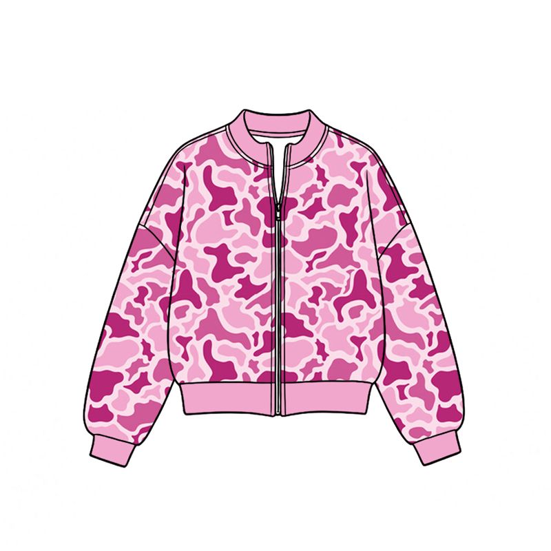 ( Moq 5 ) Preorder Baby Girls Kids Long Sleeves Zipper Pink Jacket Camo Coat Tops Yoga Clothes