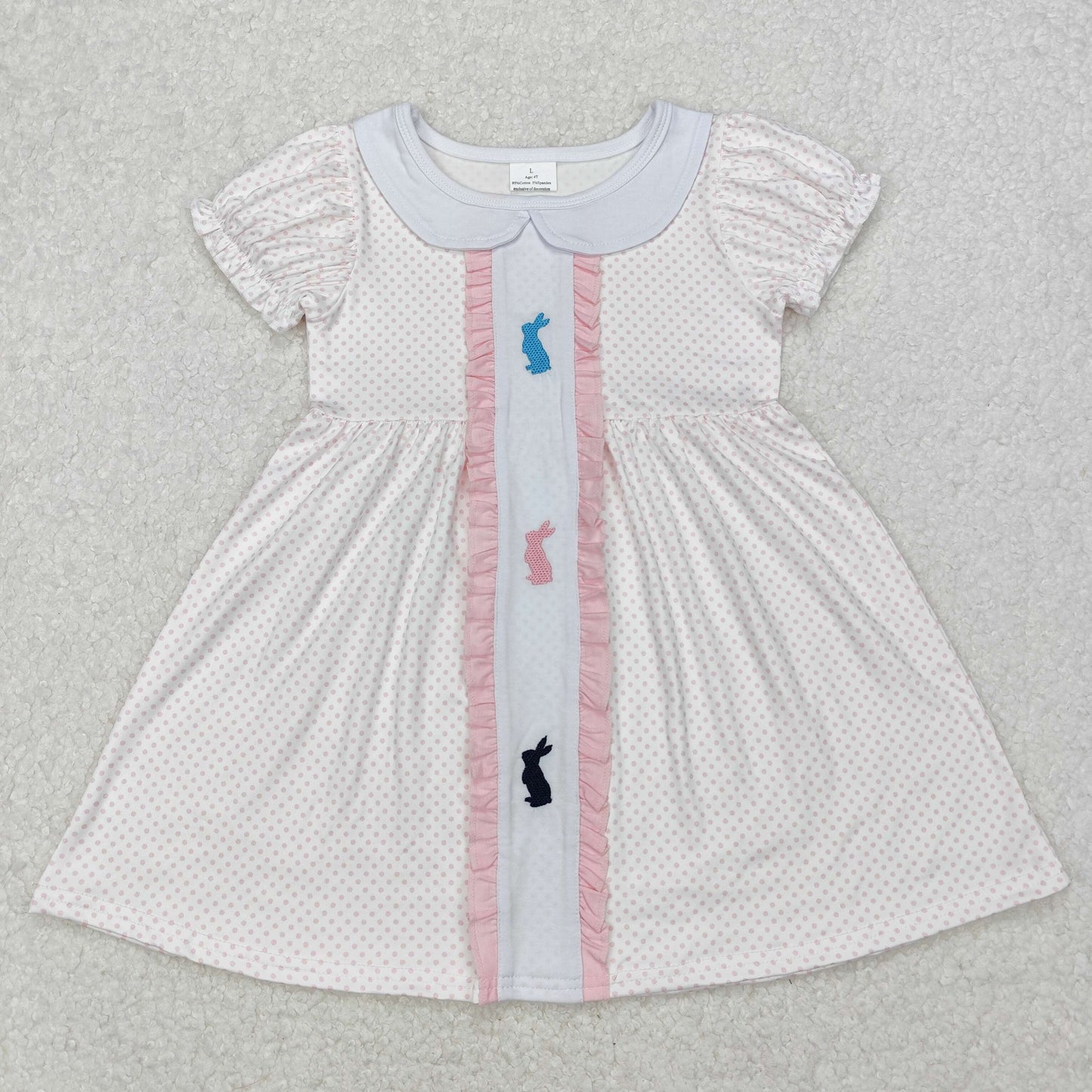 Preorder Baby Girl Short Sleeves Embroidery Easter Rabbits Dots Knee Length Dress RTS