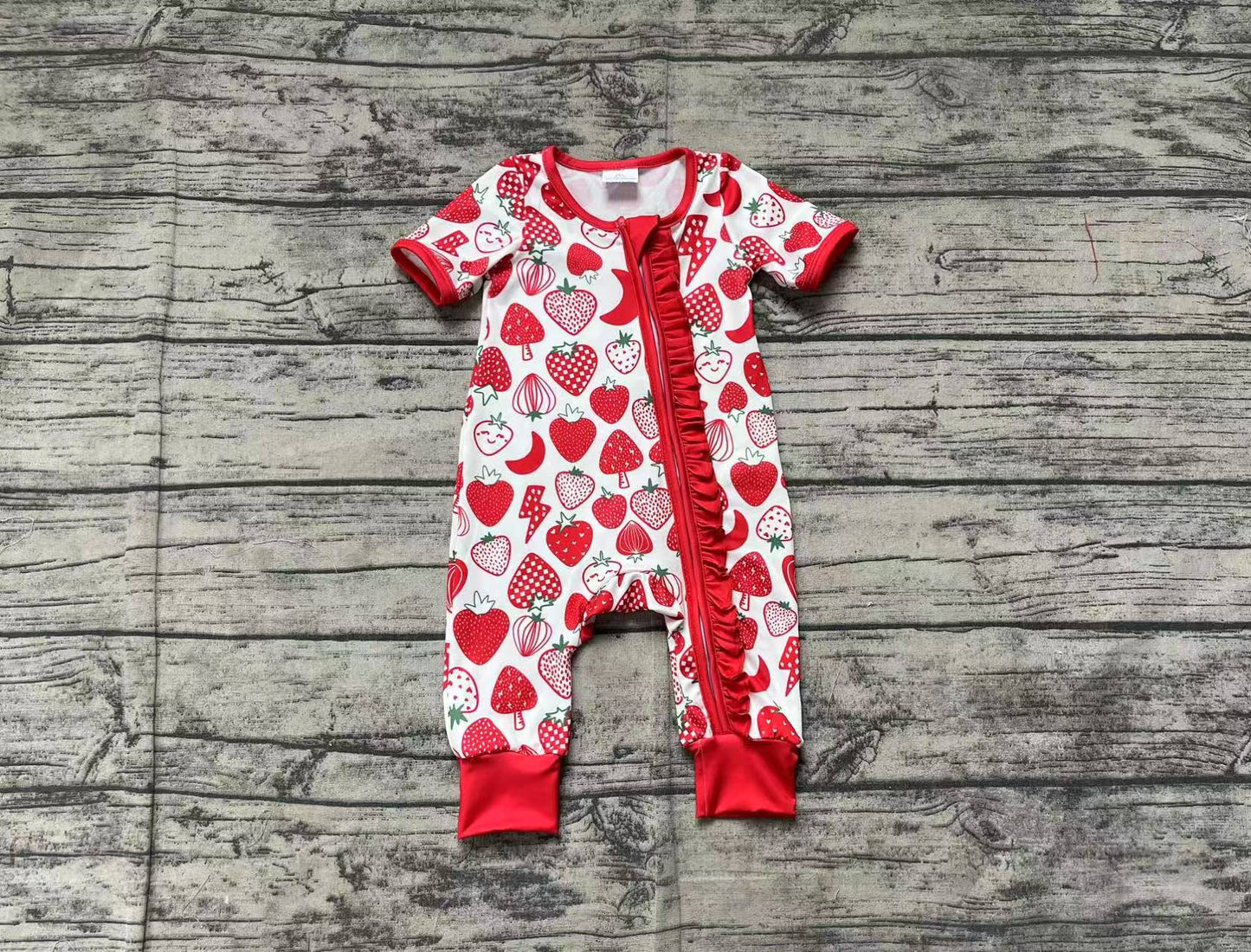 Baby Girl Infant Short Sleeves Strawberry Ruffle Zipper Romper RTS