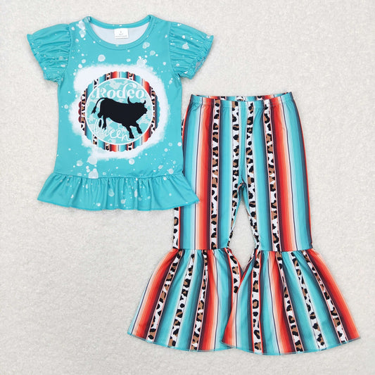 GSPO1051 Baby Girl Blue Short Sleeves Cow Rodeo Shirt Stripes Bell Pants Western Set