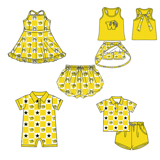 ( Moq 5 Each Style ) Baby Boys Girls Toddler Yellow Bows Team Sibling Shorts Dress Sets Clothing