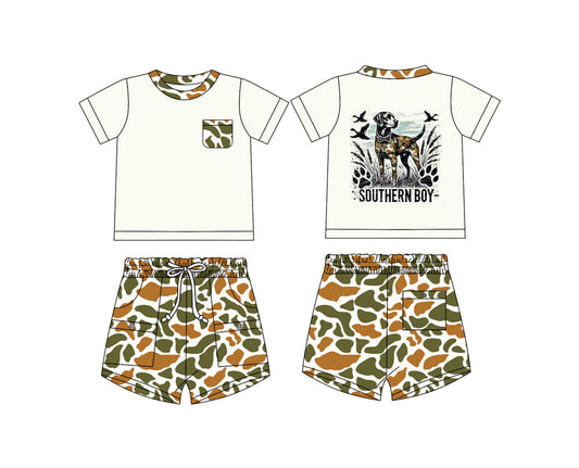 Baby Kids Short Sleeves Southern Boy Dog Shirt Camo Pockets Shorts Set ( Moq 5 ) 12.9