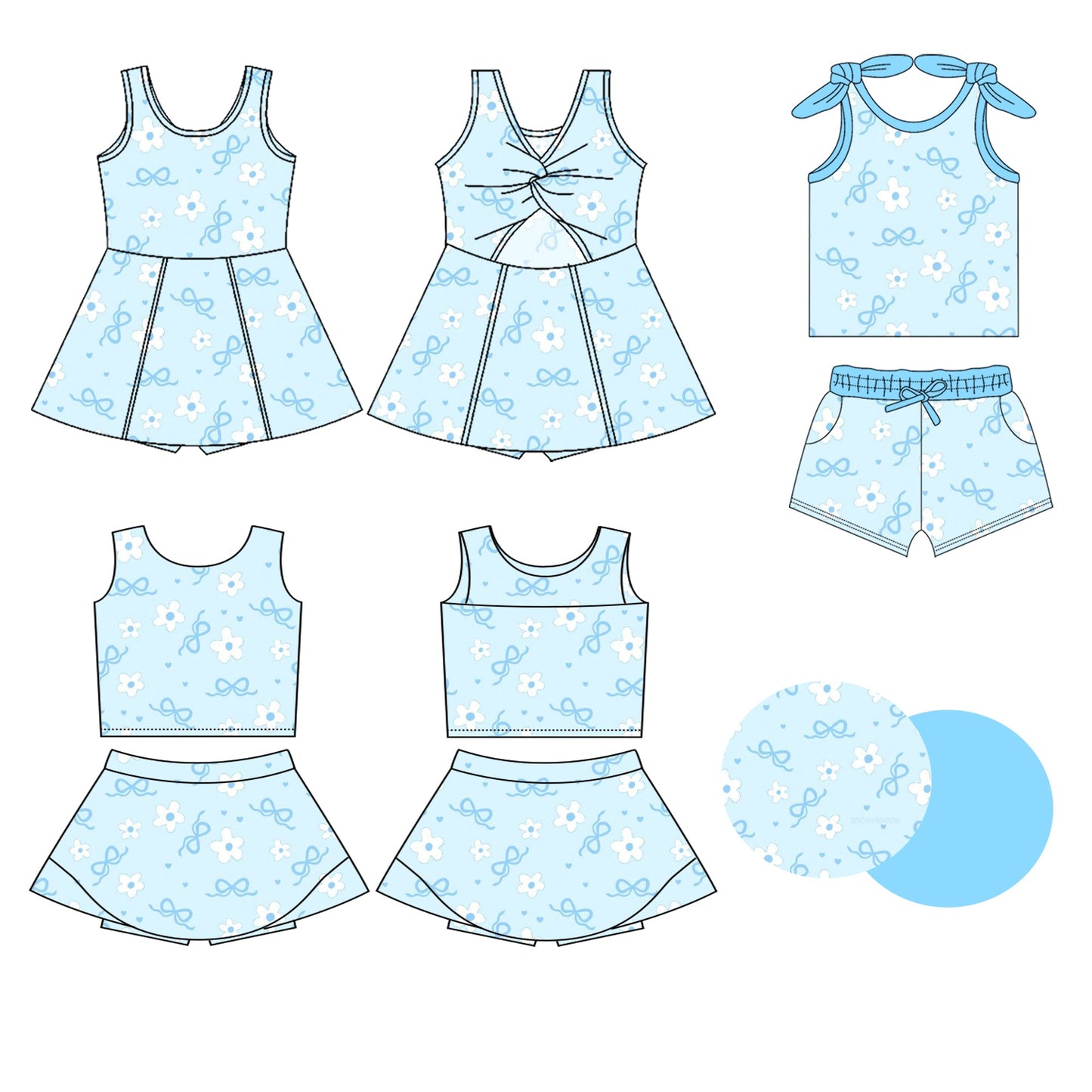 ( Moq 5 Each Style ) Baby Girl Sleeveless Blue Bows Flower Sibling Dress Set 3.22