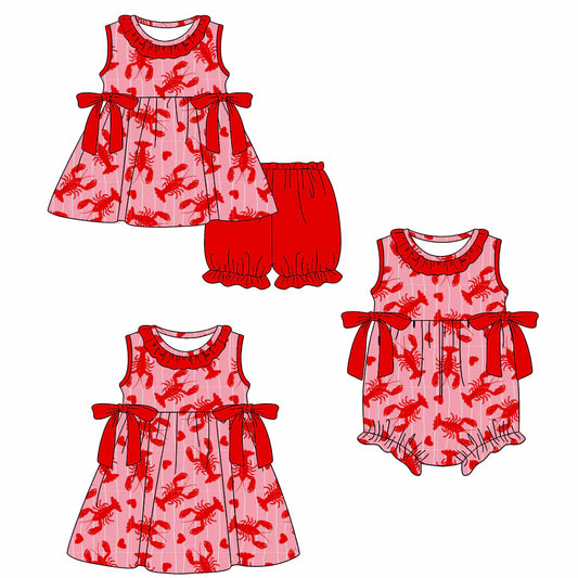 ( Moq 5 Each Style ) Baby Girls Kids Crawfish Red Bows Sibling Summer Romper Dress Set