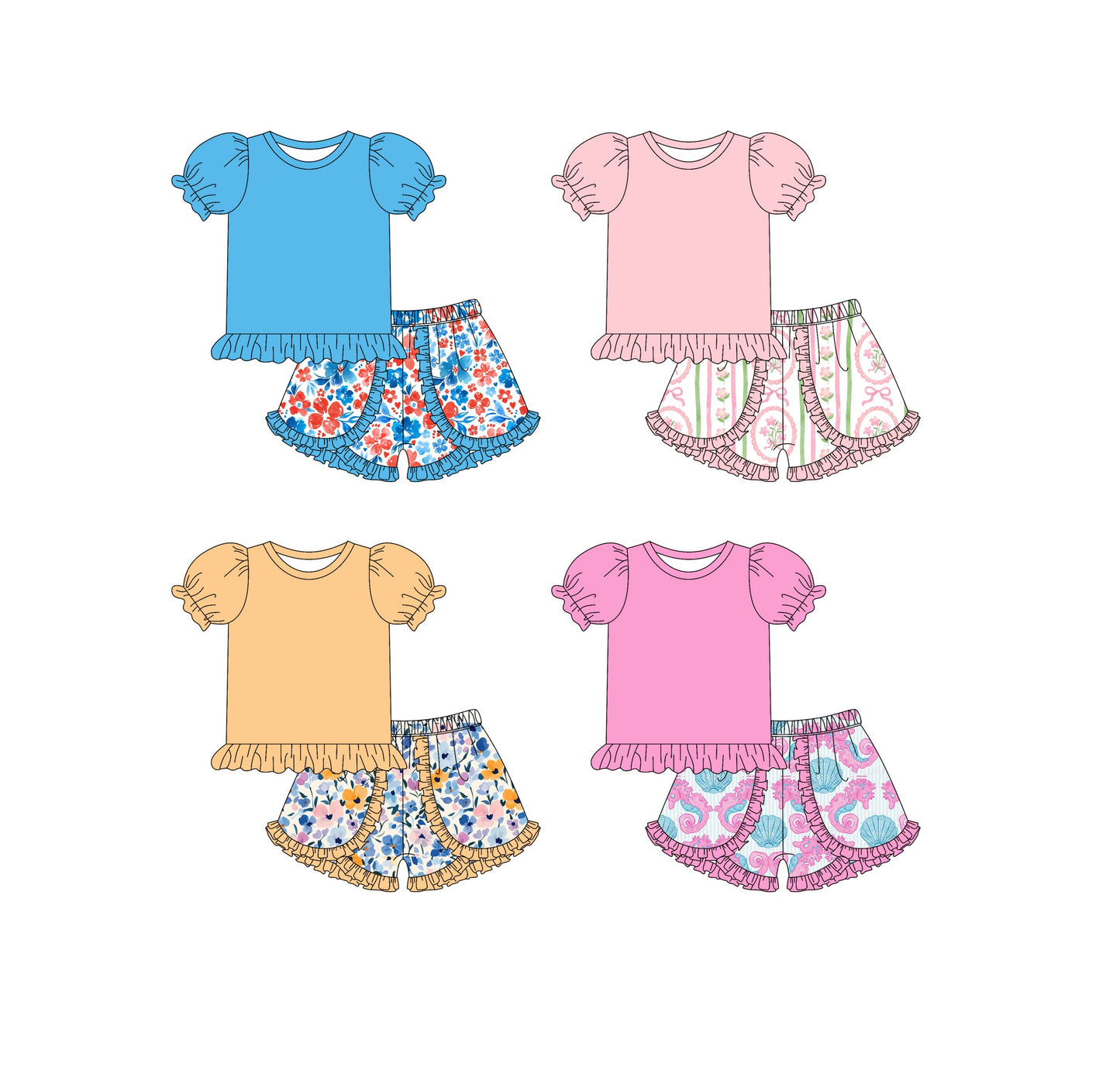 ( Moq 5 Each Style ) Baby Girl Short Sleeves Cotton Shirt Flower Shorts Sibling Set 3.25