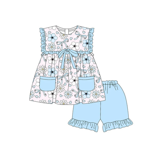 Baby Girl Sleeveless Bows Flowers Tunic Ruffle Blue Shorts Set ( Moq 5 )