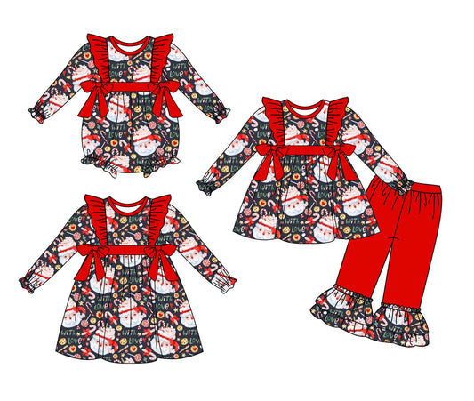 ( Moq 5 Each Style ) Baby Girl Toddler Christmas Santa Cups Bows Sibling Romper Dress Set