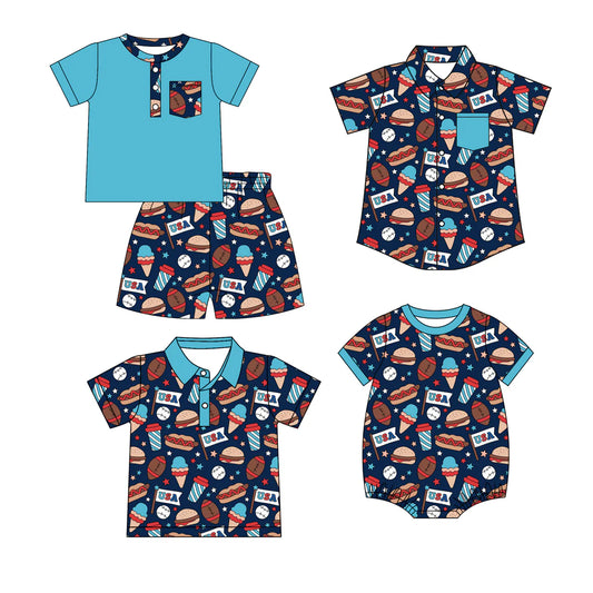 ( Moq 5 Each Style ) Baby Boy Toddler Short Sleeves Football Sibling 4th of July Shirt Romper Set