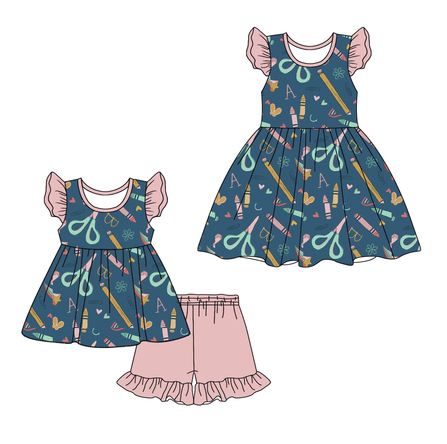 Baby Girl Short Sleeves Back To School Pencil Sibling Dress Set ( Moq 5 Each Style ) 12.28