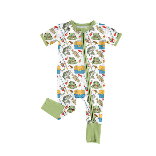 ( Moq 5 ) Preorder Baby Boys Infant Short Sleeves Fishing Green Zipper Footie Sleeper Romper