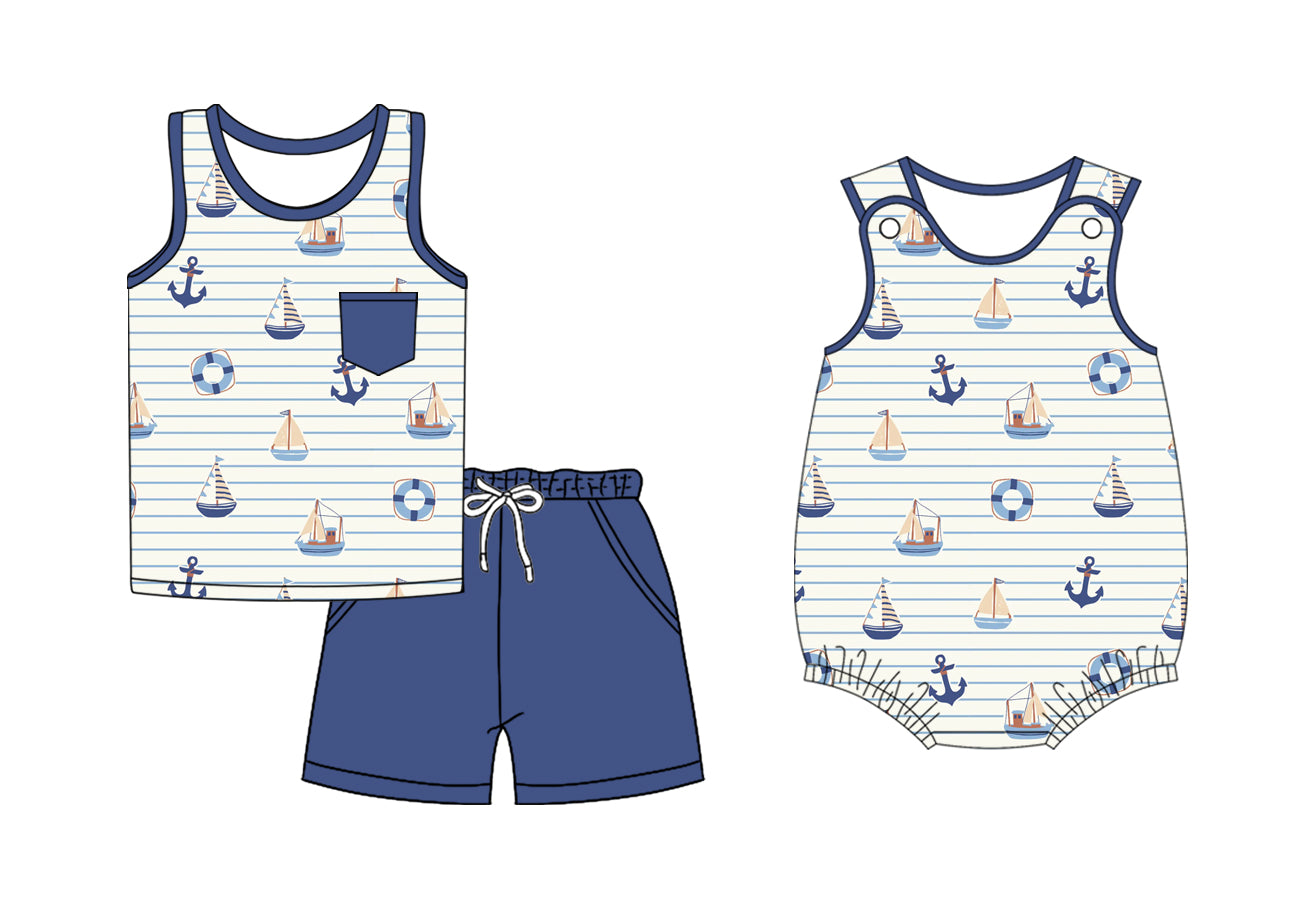 ( Moq 5 Each Style ) Sibling Baby Boys Kids Boats Stripes Shirt Pockets Shorts Summer Set Romper