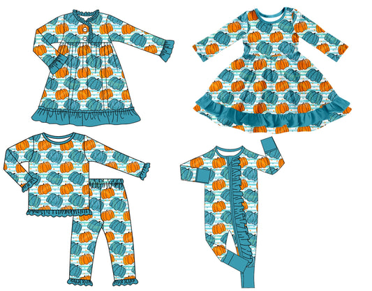 ( Moq 5 Each Style ) Baby Girl Toddler Pumpkins Stripes Sibling Romper Dress Set
