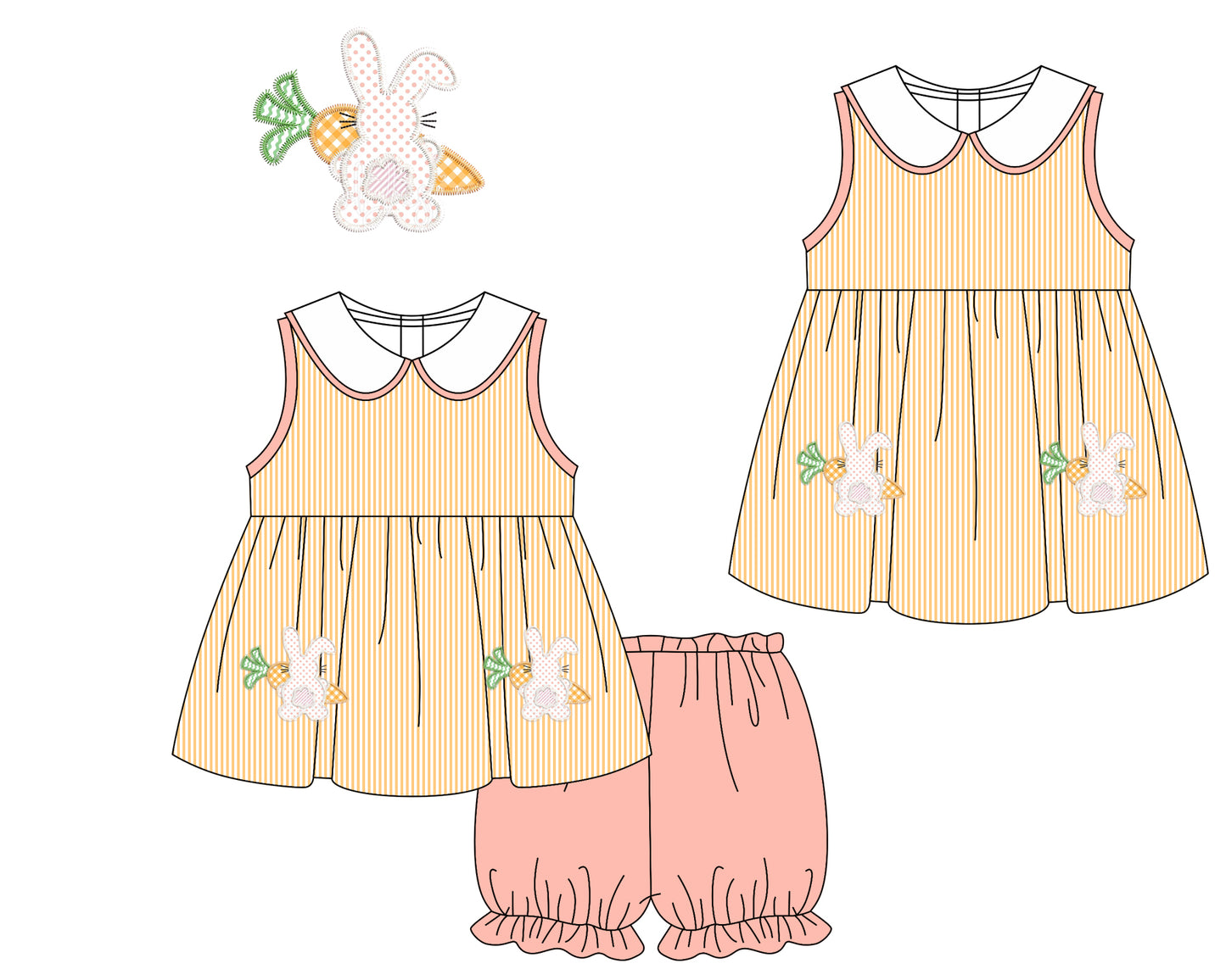 Baby Girl Easter Rabbits Carrots Sibling Sleeveless Dress Clothes Set ( Moq 5 Each Design )11.21