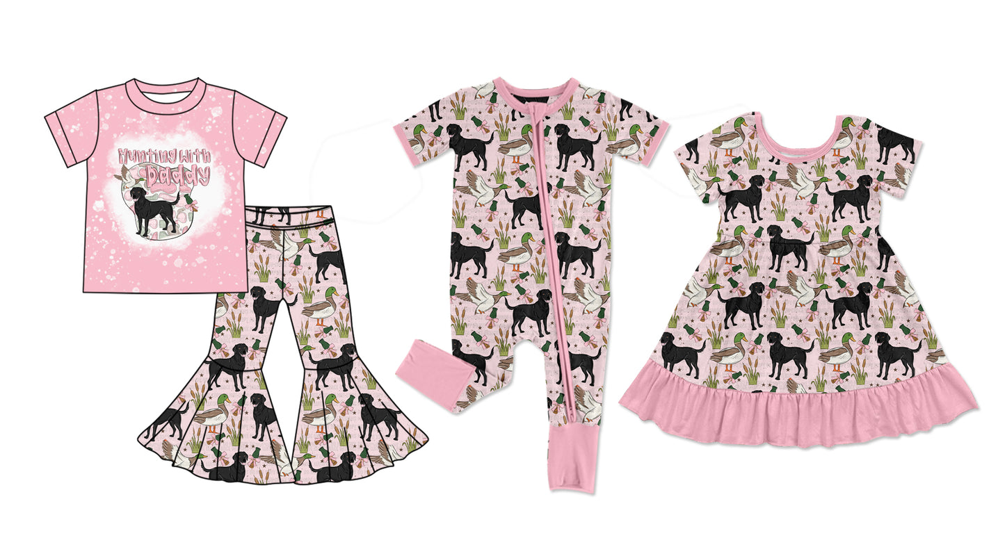 Baby Girl Short Sleeves Ducks Dogs Pink Sibling Romper Dress Clothes Set ( Moq 5 Each Design )11.25