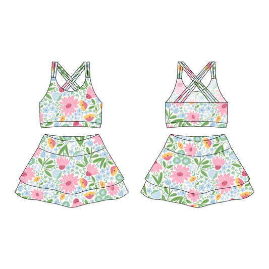 ( moq 10 ) Baby Girl Straps Green Flower Activity Wear Vests Tops Shorts Skirts Yoga Set