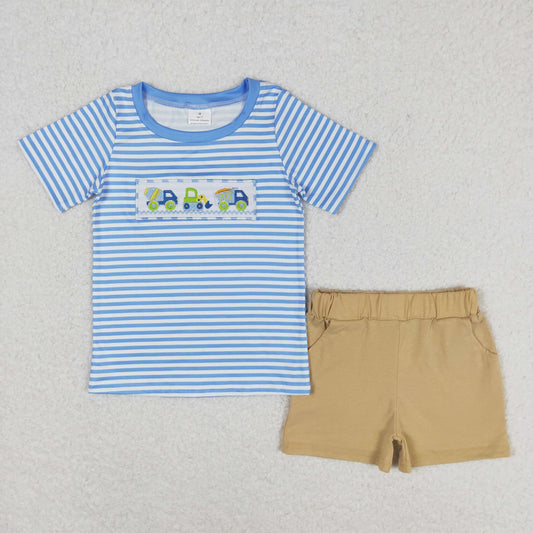 Baby Boy Embroidery Constructions Stripes Blue Shirt Pocket Shorts Set