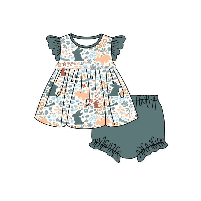 Baby Girl Short Sleeves Easter Rabbit Floral Tops Bummie Set Moq 5