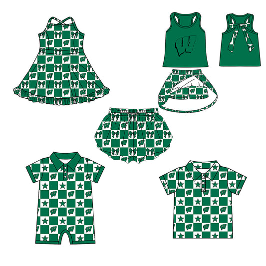 ( Moq 5 Each Style ) Baby Boys Girls Toddler Green Bows Team Sibling Shorts Dress Shirt Set Clothes