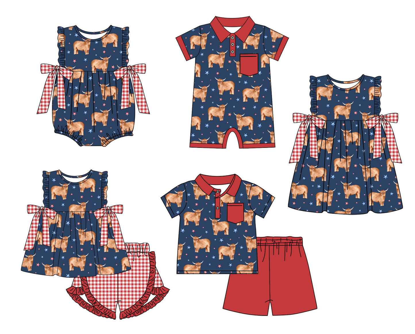 Baby Boy Girl Sibling Cow Stars Summer Dress Romper Clothes Set ( Moq 5 Each style )11.23