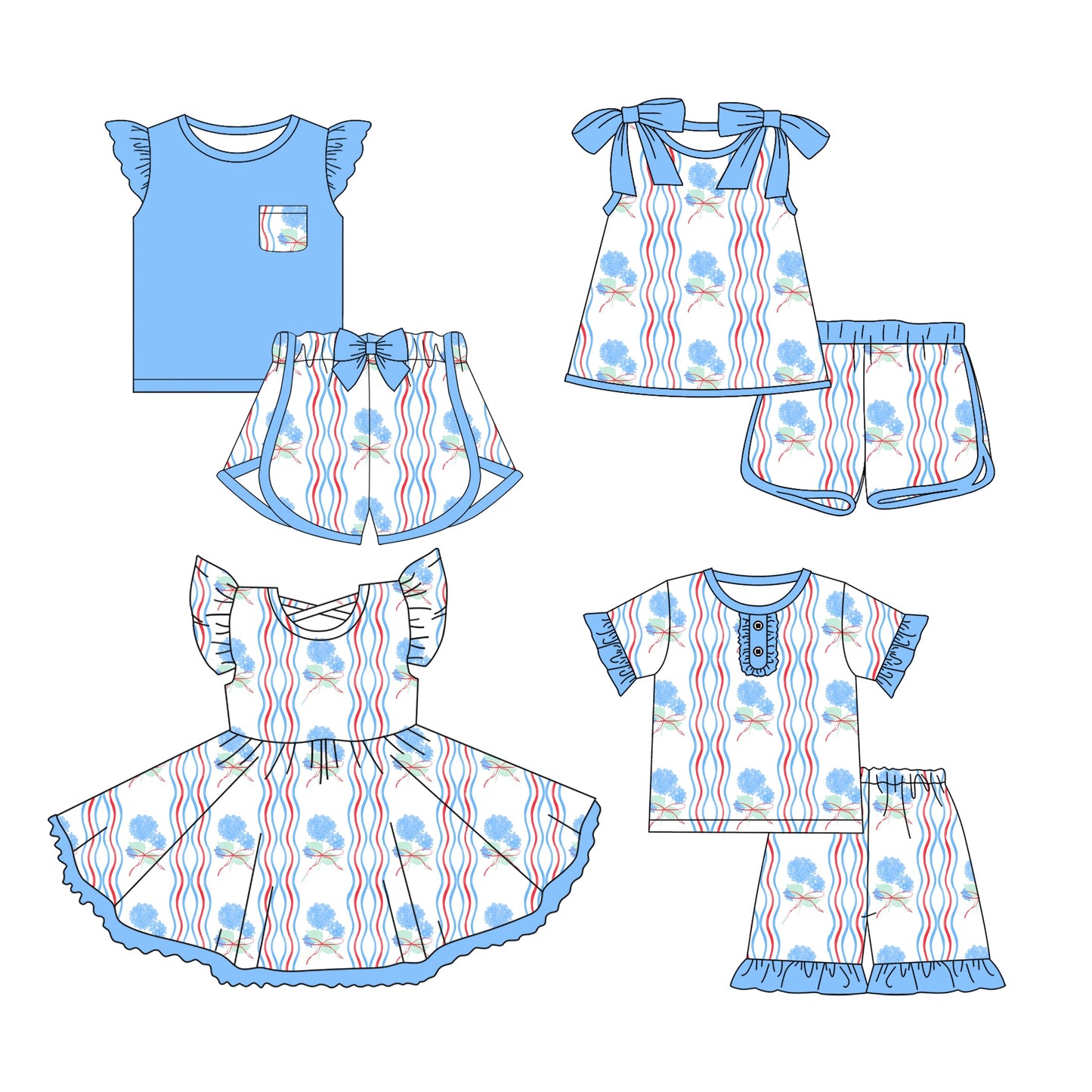 Baby Girl Short Sleeves Blue Flower Bows Sibling Romper Dress Set ( Moq 5 Each Style ) 3.12
