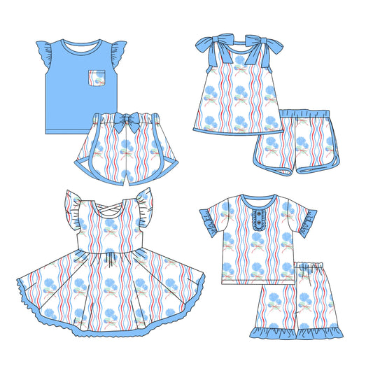 Baby Girl Short Sleeves Blue Flower Bows Sibling Romper Dress Set ( Moq 5 Each Style ) 3.12