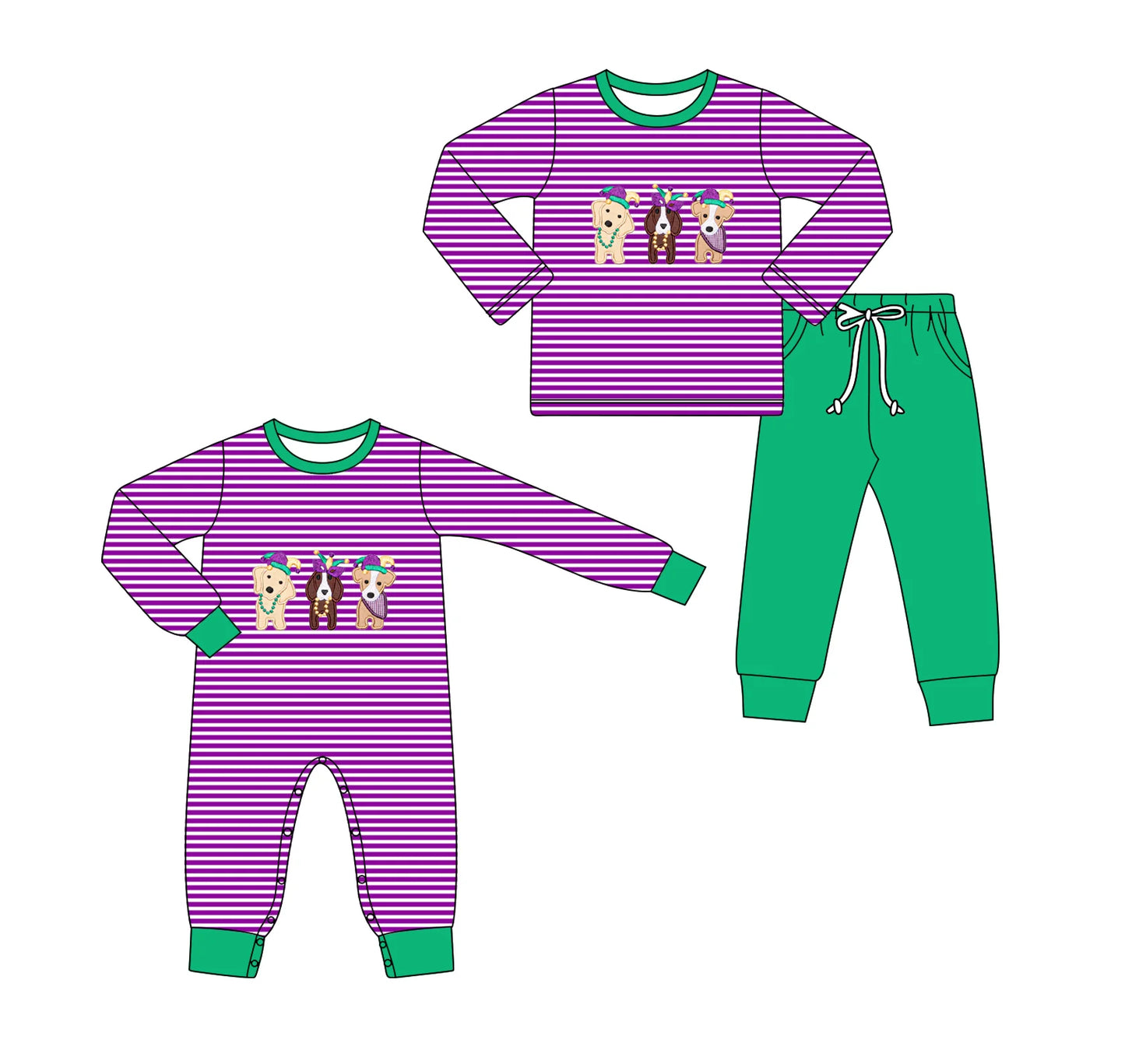 ( Moq 5 Each Style ) Baby Kids Toddler Purple Stripes Dogs Sibling Mardi Gras Romper Set