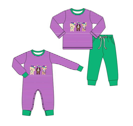 ( Moq 5 Each Style ) Baby Kids Toddler Purple Stripes Dogs Sibling Mardi Gras Romper Set